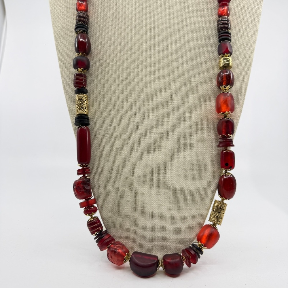 Red Mixed Bead Long Necklace Gold Tone Bohemian Chunky Statement Jewelry Gift